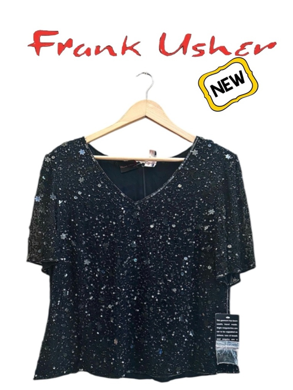 FRANK USHER Black Bead Sequin Top Short Sleeve Silk Cocktail Formal NWT Wmn 12